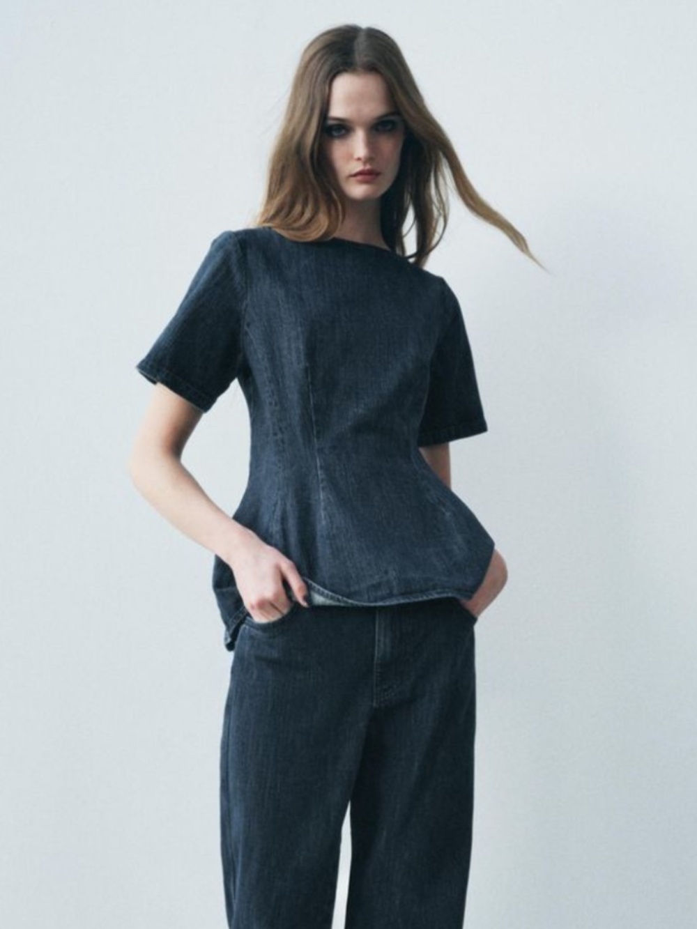 Zara dark denim peplum top NWT Medium Short Sleeve